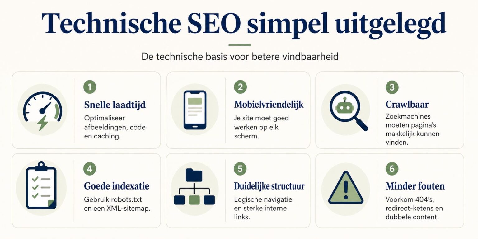 Infographic met de 9 belangrijkste onderdelen van technische SEO simpel uitgelegd voor beginners