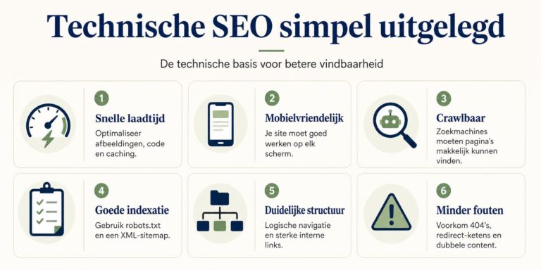 Ons team Infographic met de 9 belangrijkste onderdelen van technische SEO simpel uitgelegd voor beginners